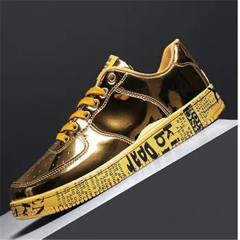 Мужская обувь, Модные Кроссовки из лакированной кожи, Топы, Золотые, Серебряные Ботинки в стиле хип-хоп, Глянцевая Освещенная Брендовая Дизайнерская обувь на плоской подошве, Размер 46 6