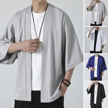 Мужская рубашка, Кимоно В Японском Стиле, однотонный Костюм Самурая, Азиатская одежда, Кардиган в три четверти, мужская рубашка, куртка