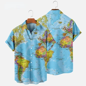 Мужская рубашка с цифровым принтом, Рубашка с короткими рукавами с изображением карты океана, Большие пуговицы, Свободный крой, Европейская мода, ropa De H