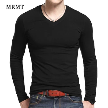 Мужская футболка из лайкры и хлопка с длинным рукавом и v-образным вырезом 2023 MRMT, осенняя мужская хлопковая футболка, тонкая однотонная облегающая футболка 13