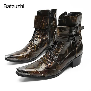 Мужские ботинки Batzuzhi итальянского типа, Элегантные ботильоны из бронзовой гнейсовой кожи, мужские мотоциклетные ботинки на молнии с металлическим носком, мужские мотоботы на шнуровке 8