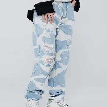 Мужские джинсы в стиле хип-хоп, Прямые джинсовые брюки с принтом в полоску и дырочками, Высокая уличная мода, Свободные джинсовые повседневные брюки Унисекс с широкими штанинами 16