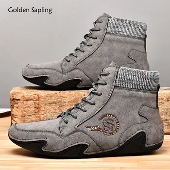 Мужские Зимние ботинки Golden Sapling, Модная Кожаная обувь, мужские Ботильоны в стиле ретро, Безопасные для работы, Легкие ботинки на плоской подошве для отдыха