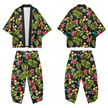 Мужские Комплекты халатов из 2 предметов с принтом, Повседневное Свободное Кимоно с коротким рукавом, Халат длиной до щиколоток, Пижамный костюм, Большой размер S-6XL, домашняя одежда 7