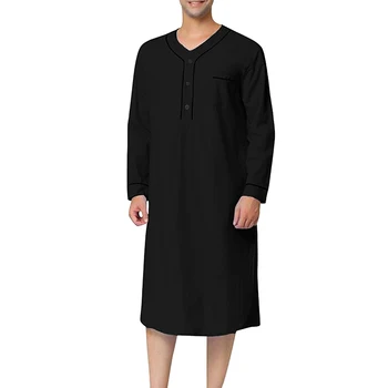 Мужской Льняной халат с V-образным вырезом, закатанный короткий рукав, Однотонная Длинная Ночная рубашка, Повседневная Свободная рубашка, Кафтан-Тобе с карманом 2