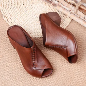 Мягкие кожаные наружные тапочки с рыбьим ртом, Удобные универсальные женские босоножки на среднем каблуке, Женская обувь для мамы, Женская обувь 11
