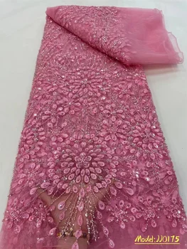 Нигерийская ткань из бисера 2023 Розовая Высококачественная Роскошная Вышивка Ручной Работы Тяжелая Кружевная ткань из бисера Свадебное платье Sew JJ0175