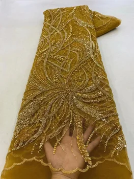 Нигерийская французская кружевная ткань для свадебных платьев, Роскошные свадебные ткани для Жениха, расшитые бисером, Африканские блестки, тюлевая кружевная ткань с бисером 2
