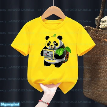 Новая детская футболка в летнем стиле, футболка для мальчиков с рисунком самурая и забавной панды, милая футболка для малышей, модные желтые футболки, топы 6