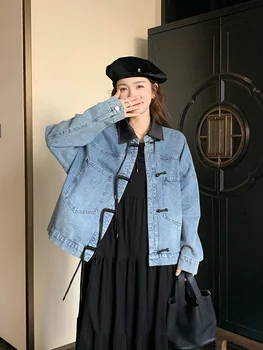 Новая джинсовая куртка с пряжкой в китайском стиле, женская короткая куртка свободного кроя, топ 1