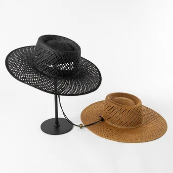 Новая женская пляжная шляпа с широкими полями и ремешками, модные дизайнерские летние солнцезащитные шляпы, женская шляпа с козырьком от солнца оптом 11