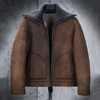 Новая мужская коричневая куртка из овчины, Кожаная куртка с лацканами, утепленная меховая куртка, Повседневное шерстяное пальто, Короткие зимние пальто 10