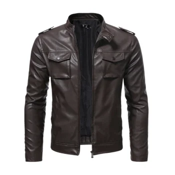 Новая осенне-зимняя мотоциклетная мужская куртка из искусственной кожи со стоячим воротником, коммерческая трендовая брендовая одежда, мужская куртка для молодежного отдыха 1