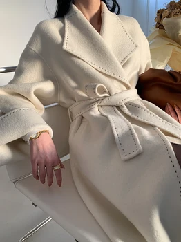 Новинка 2023 года, модные женские пальто средней длины из натурального кашемира, верхняя одежда 10