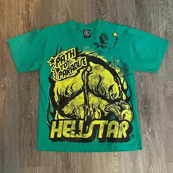 Новое 
 Зеленая выстиранная футболка Hellstar, мужские и женские футболки, футболка с коротким рукавом в стиле Хентай-гот 2