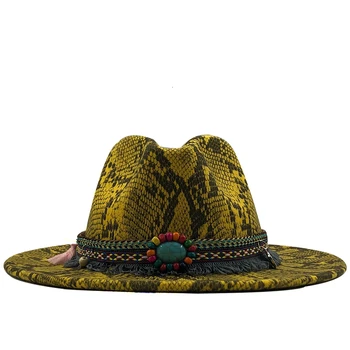 Новые Брендовые мягкие шерстяные фетровые шляпы с широкими полями, Фетровая шляпа для женщин, мужская Джазовая кепка из змеиной кожи, Женская зимняя панама 8