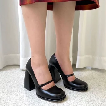 новые женские туфли-лодочки Классические кожаные туфли-лодочки Mary Janes на платформе с круглым носком и высоком квадратном каблуке в стиле ретро; вечерние туфли-лодочки на мелкой подошве; обувь 4
