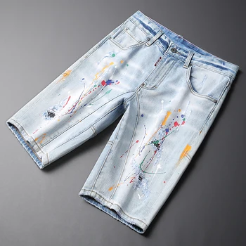 Новые Летние Модные Мужские джинсы в стиле Ретро, светло-Голубые Дизайнерские Короткие Рваные Джинсы с эластичными вставками, Джинсовые шорты в стиле хип-хоп, мужские шорты 16