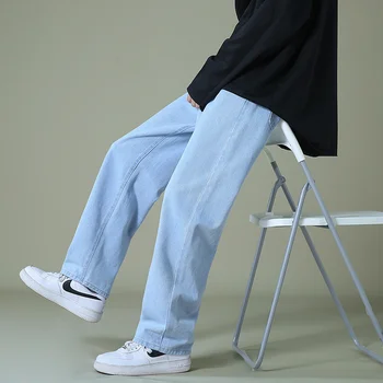 Новые осенние мужские джинсовые широкие брюки в корейском стиле, прямые светло-синие мешковатые джинсы с эластичной резинкой на талии, студенческие брюки, Мужские Черные серые 1