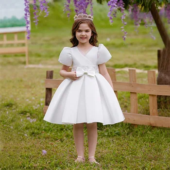 Новые Платья с Короткими рукавами и Кружевным Поясом для свадебных Вечеринок, Детское Элегантное Бальное Платье, Атласная детская одежда для девочек