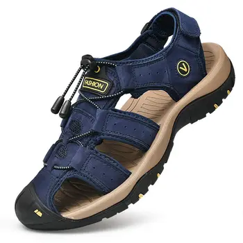 Новый Большой Размер Пляжная Дышащая Обувь Мужчины Сандалии Мода Тапочки Большой Размер 38-47 Натуральная Кожа Мужские Летние 2