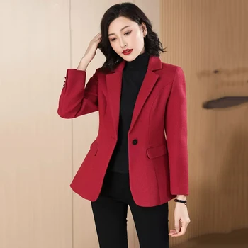 Новый женский шерстяной блейзер, Весенне-осенний модный классический костюм с отложным воротником на одной пуговице, красный костюм из смесовой шерсти, короткое пальто 4