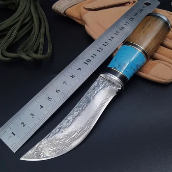 Нож с фиксированным лезвием из дамасской стали Высокой твердости, Походный Охотничий Нож для Выживания, Деревянная ручка, Наружные EDC инструменты 8