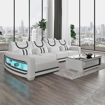 Обновите свою гостиную с помощью итальянского дивана из натуральной кожи MINGDIBAO - комбинация из 2 цветов, светодиодная подсветка и мягкие подушки