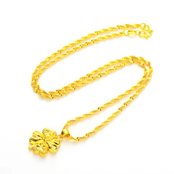 Ожерелье из Дубайского золота 14k, Цветное Ожерелье для женщин, свадебные украшения, Полая подвеска в виде травы с четырьмя листьями, Водная волна, цепочка на шею для невесты 2