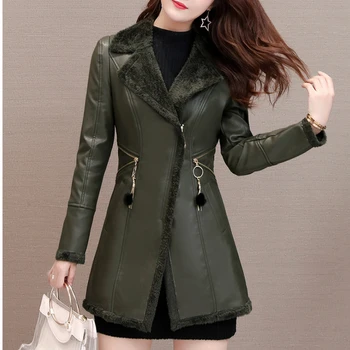 Осенне-зимняя куртка из искусственной кожи для женщин, флисовые тонкие длинные женские пальто из искусственной кожи, черный тренч с лацканами, ветровка, пальто 16