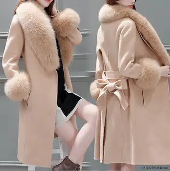 Осень-зима 2023, женский тонкий тренч, шерстяное пальто, воротник из искусственного меха средней длины, однотонная шерстяная верхняя одежда со шнуровкой, женская