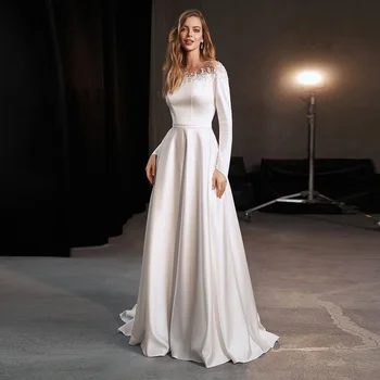 Официальное Белое свадебное платье для женщин С круглым вырезом и аппликацией, длина до пола, Свадебное платье с карманами, молния сзади, Длинные рукава, Vestidos