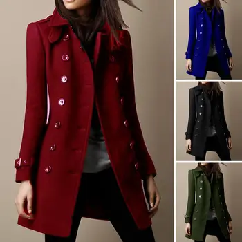 Пиджак средней длины, Шикарные Двубортные Шерстяные пальто средней длины для женщин, подчеркивающие стиль уличной одежды с однотонным отворотом
