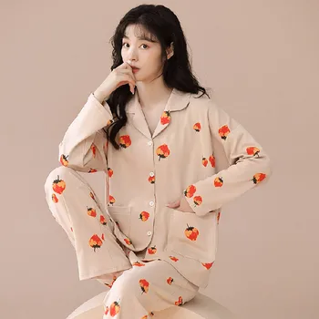 пижама Ms 2023, женская пижама весной и осенью, хлопковая пижама с длинным рукавом, свободная пижама для взрослых, домашняя пижама для мамы 1