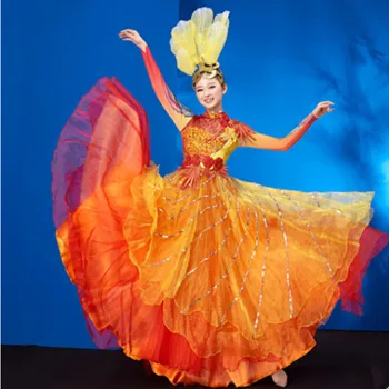 платье для танцев с оранжевым цветком, женское профессиональное платье для танцев, одежда для выступлений на фестивале, новогодние танцы