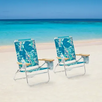 Пляжный стул комфортной высоты с откидывающейся деревянной ручкой, 2 упаковки, зеленая пальма 12