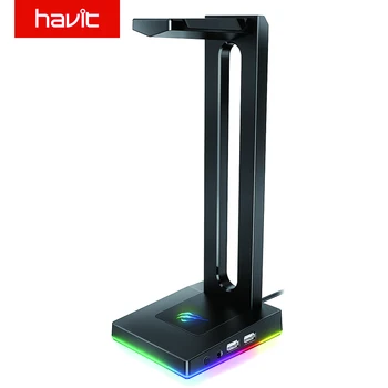 Подставка для гарнитуры Havit RGB с 3,5 мм портами AUX и 2 USB, держатель для наушников для геймеров, аксессуары для игровых ПК, настольный Черно-белый 6
