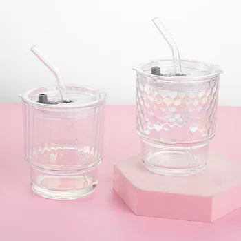 Портативная лазерная двойная чашка для напитков с всасывающей трубкой, высокое цветовое качество, Бамбуковая стеклянная чашка для воды с крышкой, чашка Aurora 10