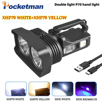 Портативный Прожектор XHP70 с четырьмя источниками света, мощный USB-Перезаряжаемый рабочий фонарь, светодиодный аварийный фонарик, водонепроницаемый фонарь 6