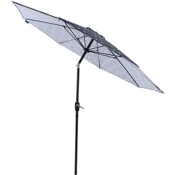 продается 9-футовый открытый зонт для патио, открывающийся с рукояткой и автоматическим наклоном, с 8 ребрами из стекловолокна и навесом из полиэстера с принтом 7