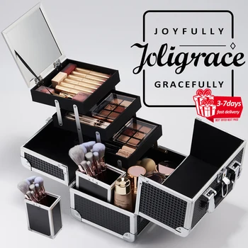 Профессиональные Чемоданы для макияжа Joligrace, Портативный косметический чемодан Большой емкости с держателем косметических кистей, Зеркало с замком 3