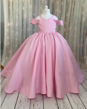 Розовое атласное платье с цветочным узором для девочек на свадьбу, платье принцессы с открытыми плечами Ручной работы для маленьких девочек, платье для вечеринки в честь Дня рождения, платье для Первого Причастия