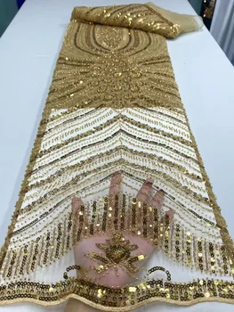 Роскошная французская кружевная ткань с крупной вышивкой бисером, Африканская Нигерийская сетка, тюлевое кружево С бисерными блестками, ткань для свадебного платья 9