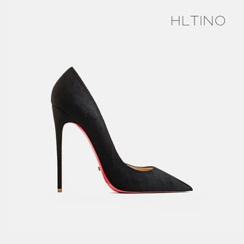 Роскошные брендовые туфли-лодочки; Женская обувь с красной блестящей подошвой; черные кожаные офисные туфли на высоком каблуке 12 см; пикантные свадебные туфли 33-44