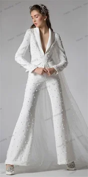Роскошные Женские костюмы с Жемчугом, комплект для Свадьбы, Смокинг, 2 предмета, Блейзер + брюки-клеш, вечернее платье для выпускного вечера, Сшитая на заказ куртка, пальто, костюмы 12