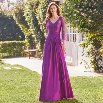 Роскошные Платья для Матери Невесты, Фиолетовое Шифоновое вечернее платье во всю длину, 2022 Кружевное Платье для гостей с рукавами-трубами 10