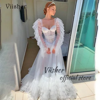 Свадебные Платья Viisher из Белого Тюля Трапециевидной формы С Длинным рукавом, Современное платье Невесты, свадебные платья Принцессы 1