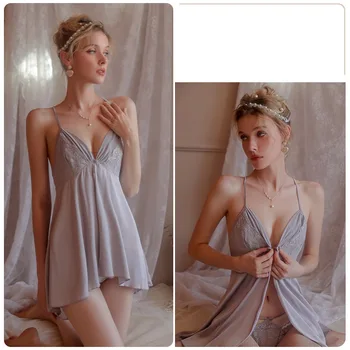 Сексуальная Пижама Женская Шелковая Ночная рубашка на подтяжках Женская Весенне-летняя Тонкая Сетчатая пижама на бретелях для домашнего обслуживания 10