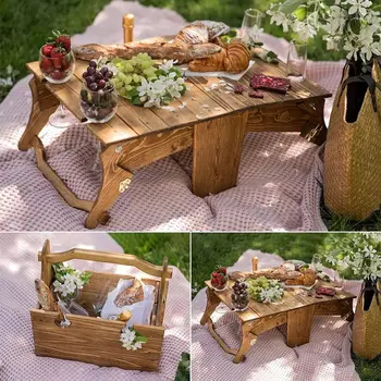 Складной столик для пикника 2в1, Многофункциональная корзина для хранения на деревянном столе, Переносная корзина для закусок и вина на открытом воздухе для пляжного кемпинга 10