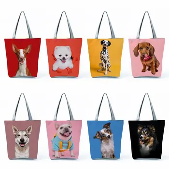 Складные сумки для покупок, Милые сумки с собачками, Портативная Однотонная сумка на плечо с животным принтом, Повседневная женская сумка-тоут